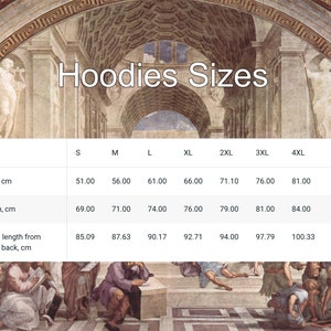 Pode incluir: Tabela de tamanhos de hoodies com medidas em cent&iacute;metros para diferentes tamanhos: S, M, L, XL, 2XL, 3XL, 4XL e 5XL. A tabela mostra a largura, o comprimento e o comprimento da manga a partir do centro das costas.