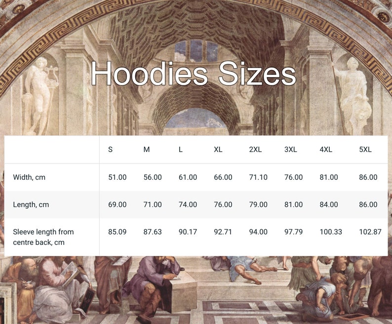 Pode incluir: Tabela de tamanhos de hoodies com medidas em cent&iacute;metros para diferentes tamanhos: S, M, L, XL, 2XL, 3XL, 4XL e 5XL. A tabela mostra a largura, o comprimento e o comprimento da manga a partir do centro das costas.