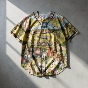 May include: A short-sleeved button-down baseball shirt featuring a vibrant, multi-coloured print of Hieronymus Bosch's The Garden of Earthly Delights. The shirt has a V-neckline, black piping along the front placket and sleeves, and white buttons.