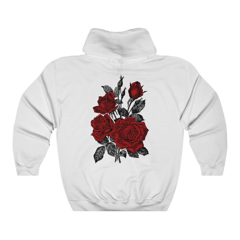 May include: White hooded sweatshirt with a graphic of red roses on the back.