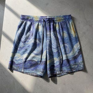 Van Gogh Starry Night Art Swim Shorts - Quick Dry Aesthetic Beach Trunks - Museumcore Summer Wear image 1