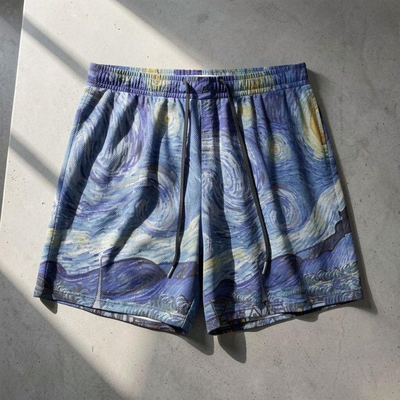 Van Gogh Starry Night Art Swim Shorts - Quick Dry Aesthetic Beach Trunks - Museumcore Summer Wear image 1