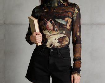 El Bosco Mesh Top Long Sleeve| Garden of earthly delights art Mesh Tee | Dark paintings| Rave Festival Outfit | Hieronymus Bosch