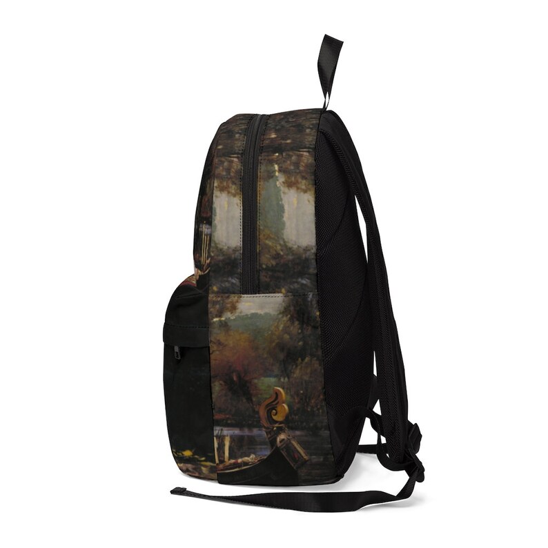May include: A black backpack with adjustable straps and a large zippered pocket. The backpack features a colorful print of a painting depicting a boat on a lake with trees in the background.