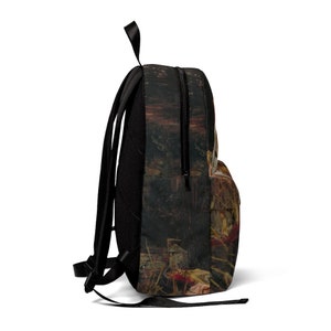 May include: Black backpack with adjustable straps and a zipper closure. The backpack features a colorful print of a forest scene with a couple sitting on a log.