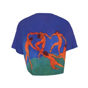 May include: A cropped blue t-shirt with a print of a group of nude figures dancing in a circle. The artwork, in orange, blue, and green, suggests movement and joy. The shirt is a modern interpretation of a classic artwork, suitable for casual wear.