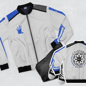 May include: Two white bomber jackets with blue and black accents. One jacket features a blue handprint on the left side. The other jacket features a blue circle with a black star and the text "CT-1409 ECHO".