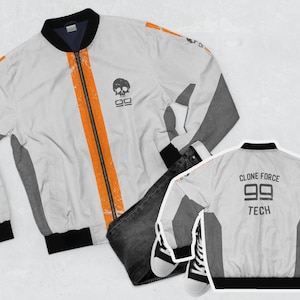 May include: White bomber jacket with orange stripes and a skull logo on the left chest. The back of the jacket has the text "CLONE FORCE 99 TECH" in black.