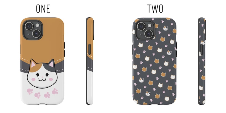 May include: Two phone cases with cat designs. The first case features a calico cat with pink paw prints. The second case has a repeating pattern of brown and white cats with pink paw prints on a dark gray background.