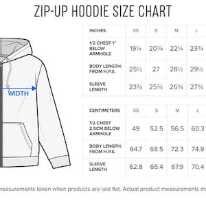 K&ouml;nnte beinhalten: Eine Gr&ouml;&szlig;entabelle f&uuml;r Zip-Up-Hoodies mit Ma&szlig;en in Zoll und Zentimetern. Die Tabelle zeigt die Ma&szlig;e f&uuml;r die &Auml;rmell&auml;nge, die K&ouml;rperl&auml;nge und die halbe Brustweite f&uuml;r die Gr&ouml;&szlig;en XS bis 4XL.