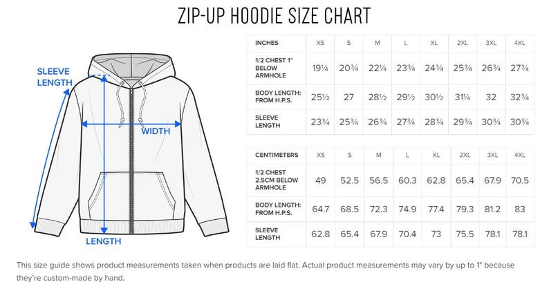 K&ouml;nnte beinhalten: Eine Gr&ouml;&szlig;entabelle f&uuml;r Zip-Up-Hoodies mit Ma&szlig;en in Zoll und Zentimetern. Die Tabelle zeigt die Ma&szlig;e f&uuml;r die &Auml;rmell&auml;nge, die K&ouml;rperl&auml;nge und die halbe Brustweite f&uuml;r die Gr&ouml;&szlig;en XS bis 4XL.