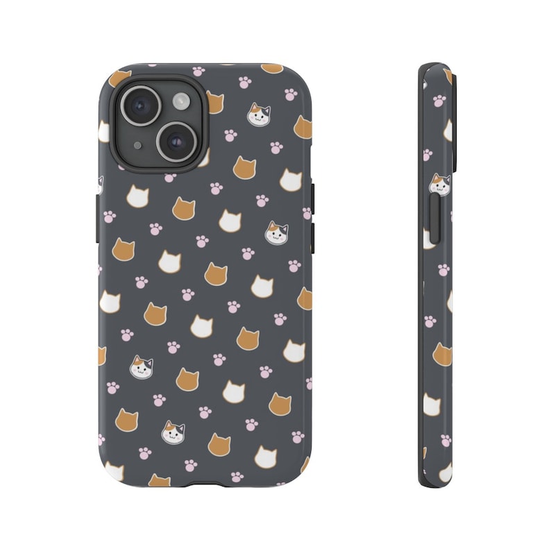 May include: A black phone case with a repeating pattern of pink paw prints and cartoon cats with brown, white, and orange fur.