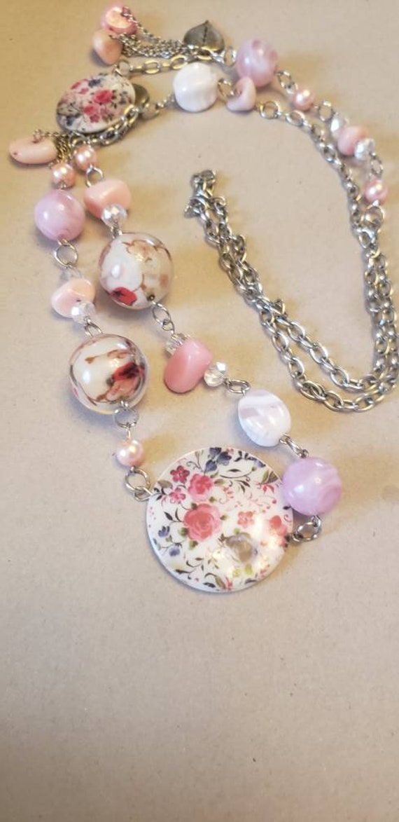 Fun Floral long necklace.  Beaded chain necklace,… - image 1
