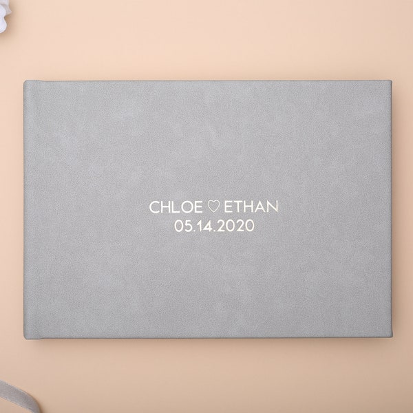 Wedding Guest Book for Instant Photos and Wishes. Personalized Instax Photo Album. Light Grey, Horizontal