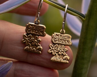 Whimsical Brass 'My Garden' Earrings: Sterling Silver Hooks