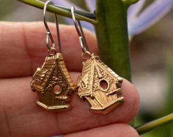 Birdhouse Earrings: Solid Brass With Sterling Silver Hooks, Bird Lover Jewelry