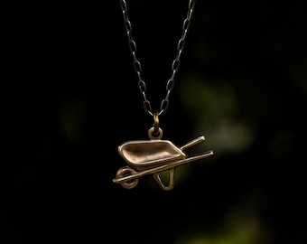 Wheelbarrow Necklace: Solid Brass With Solid Sterling Silver Chain, Gardening Gift