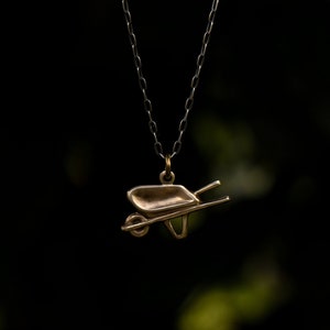 Wheelbarrow Necklace: Solid Brass With Solid Sterling Silver Chain, Gardening Gift