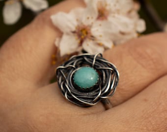 Handmade Sterling Silver Bird Nest Ring, Amazonite Stone