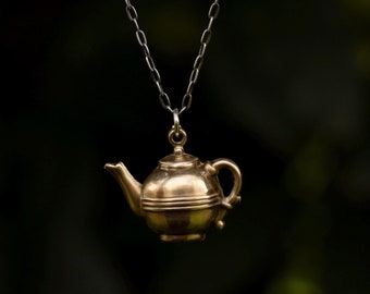 Teapot Necklace: Solid Brass with Sterling Silver Chain, Tea Lover Jewelry