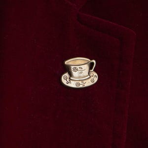 Brass Tea Cup Pin: Floral Tea Time Brooch