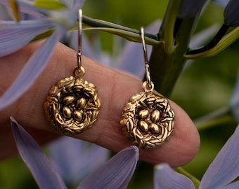 Bird Nest Earrings: Solid Brass With Sterling Silver Hooks, Gardening Jewelry