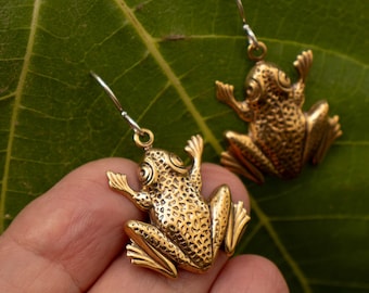 Frog Earrings: Solid Brass with Solid Sterling Silver Hooks, Vintage Toad