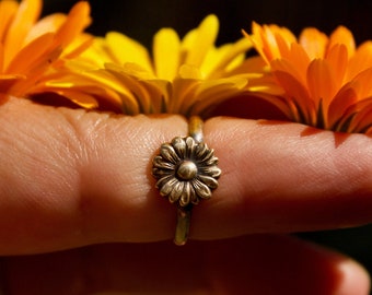 Sunflower Ring: Solid Brass With Solid Sterling Silver Band, Stacking Jewelry
