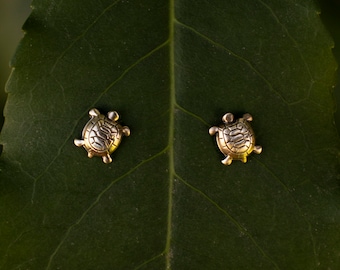 Solid Brass Turtle Stud Earrings with Solid Sterling Silver Posts