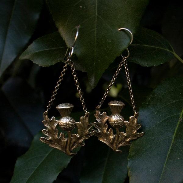 Thistle Earrings/Thistle Jewelry/Herbal Earrings/Goddess Earrings/Witchy Earrings/Brass Earring/Pagan Earring/Scottish Earring/Chain Earring