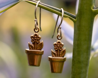 Flower Pot Earrings: Solid Brass With Sterling Silver Hooks, Garden Lover Jewelry