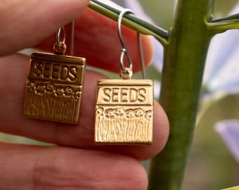 Solid Brass Seed Packet Earrings: Sterling Silver Hooks, Gardening Jewelry