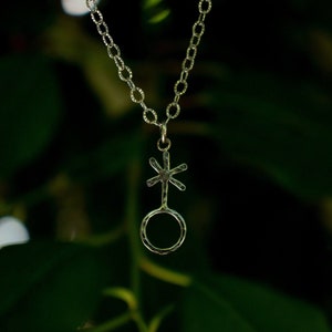以下が含まれることがあります： 星が上に乗った円形のスタイリッシュなシンボルが描かれたペンダントが付いたシルバーチェーンネックレスです。