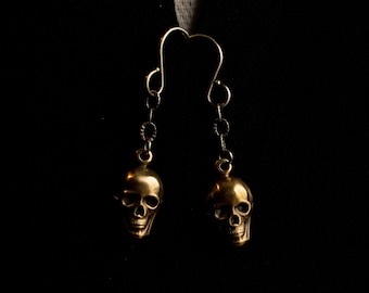 Skull Earrings: Solid Brass With Solid Sterling Silver Chain and Hooks, Memento Mori Jewelry