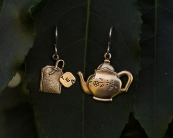 Tea Party Earrings: Solid Brass Teapot & Teabag with Sterling Silver Hooks