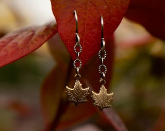 Maple Leaf Earrings: Solid Brass With Solid Sterling Silver Chain And Hooks, Autumn Jewelry