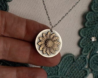Solid Brass Sunflower Necklace, Sterling Silver Backplate - Ukraine Fundraiser