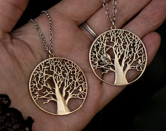 Tree & Bird Pendant Necklace - Solid Brass Pendant, Sterling Silver Chain Choice