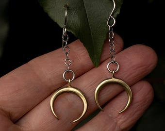 Crescent Moon Earrings: Solid Brass With Solid Sterling Silver Hooks, Witch Pagan Jewelry
