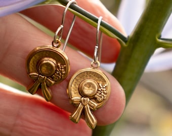 Garden Hat Earrings: Solid Brass With Sterling Silver Hooks, Gardening Jewelry