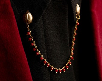 Ladybug Collar Chain Pin: Solid Brass and Glass Bead Vintage Style