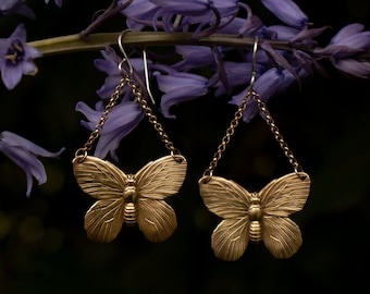 Butterfly Earrings: Solid Brass With Solid Sterling Silver Hooks, Antique Style