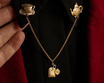 Tea Time Collar Chain Pin: Solid Brass Vintage Style