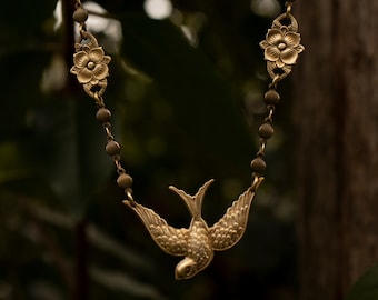 Swallow Necklace: Solid Cast Brass Bird & Flower Jewelry
