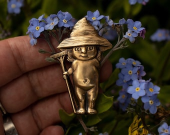 Naked Gardener Gnome Pin - Solid Brass Garden Lover Brooch