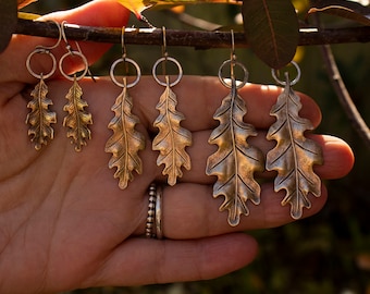 Oak Leaf Dangle Earrings: Solid Brass With Solid Sterling Silver, Fall Jewelry