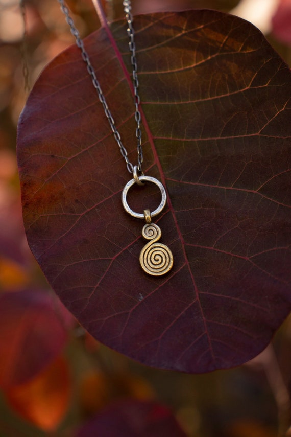 Double Spiral Necklace: Solid Brass Pendant, Solid Sterling Silver Chain