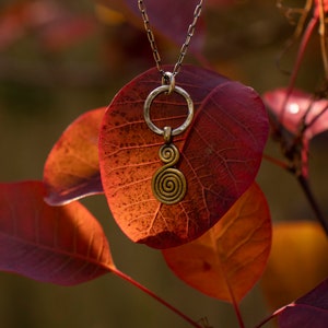 Puede incluir: Un collar de cadena plateada con un colgante dorado con un dise&ntilde;o en espiral. El collar est&aacute; colgado de una rama con hojas rojas.
