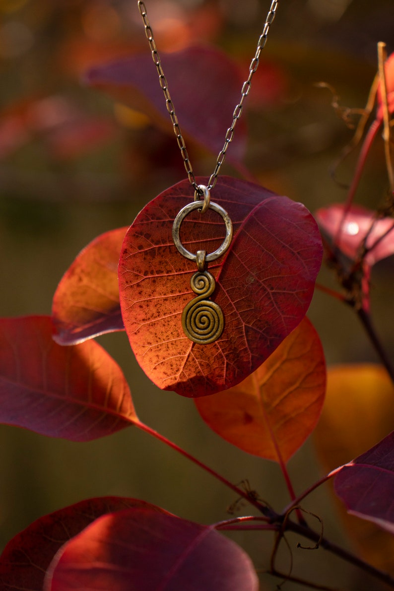 Puede incluir: Un collar de cadena plateada con un colgante dorado con un dise&ntilde;o en espiral. El collar est&aacute; colgado de una rama con hojas rojas.