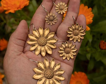 Golden Sunflower Earrings, Solid Brass with Sterling Silver Hooks, Daisy Jewelry